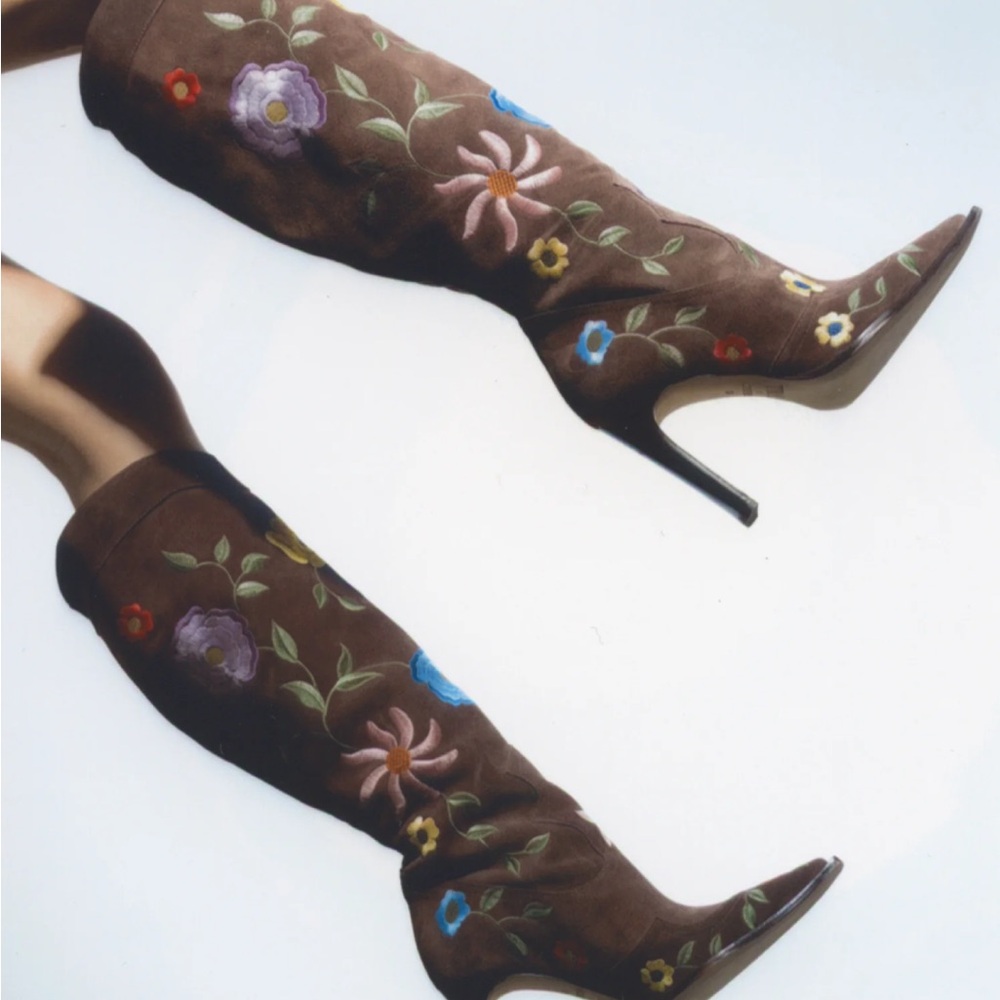 Danielle Guizio x Toral Floral Embroidered Brown Knee-High Boots